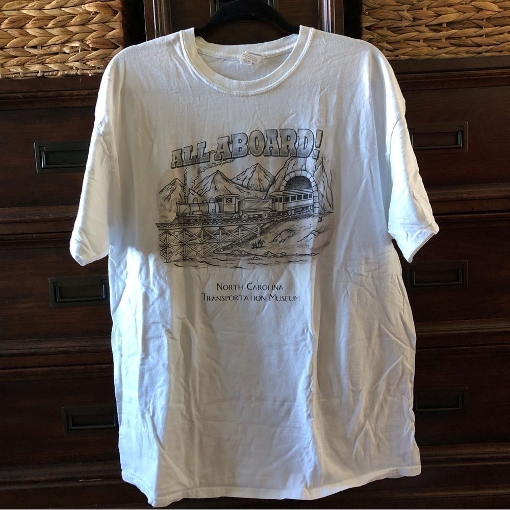 All Aboard White train graphic tee in size XL